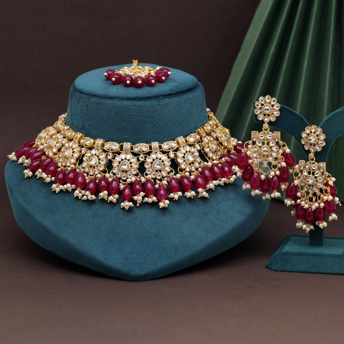 Rani Color Kundan Necklace Set (KN1417RNI)