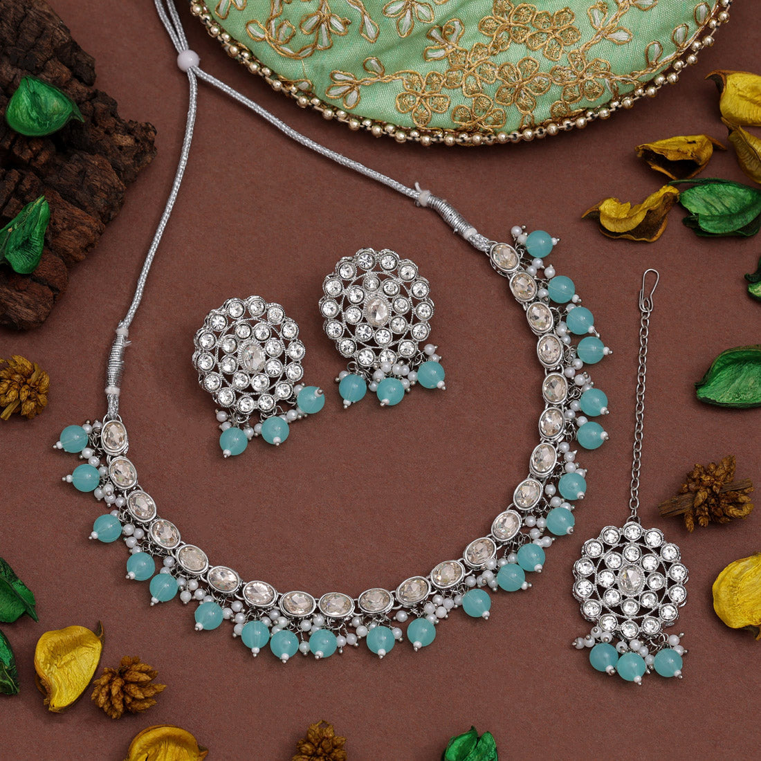Sky Blue Color Kundan Necklace Set (KN1418SBLU)