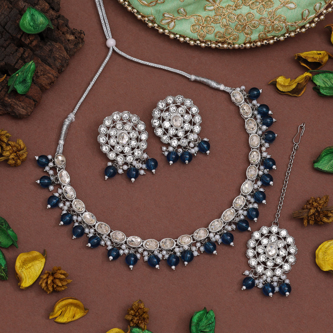 Turquoise Blue Color Kundan Necklace Set (KN1418TBLU)