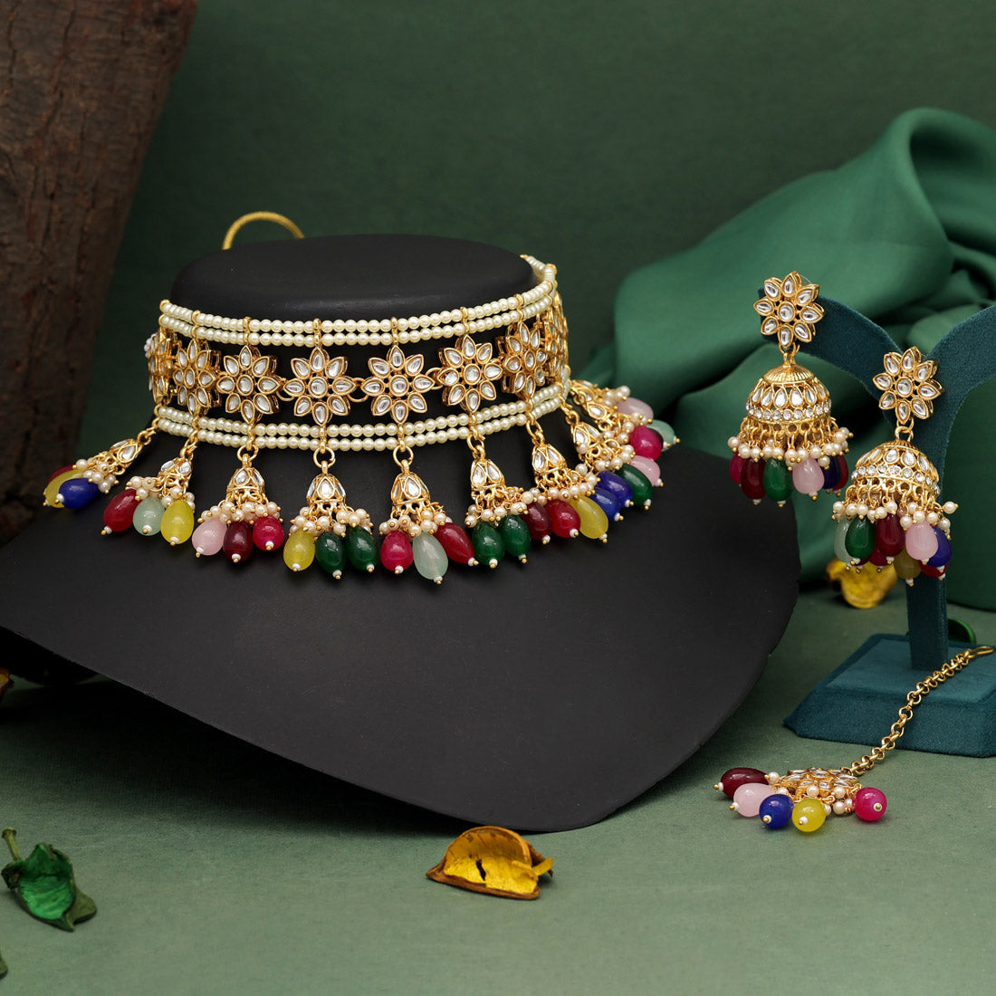 Multi Color Choker Kundan Necklace Set (KN1422MLT)