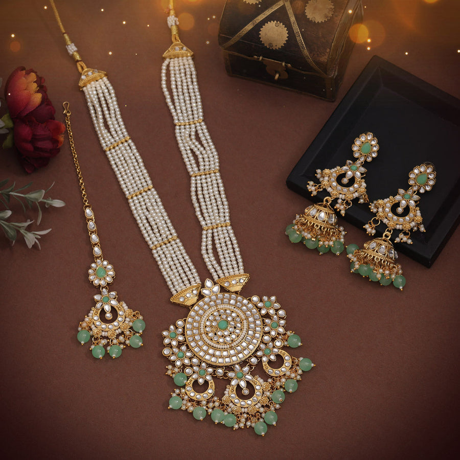 Pista Green Color Long Kundan Necklace Set KN1425PGRN