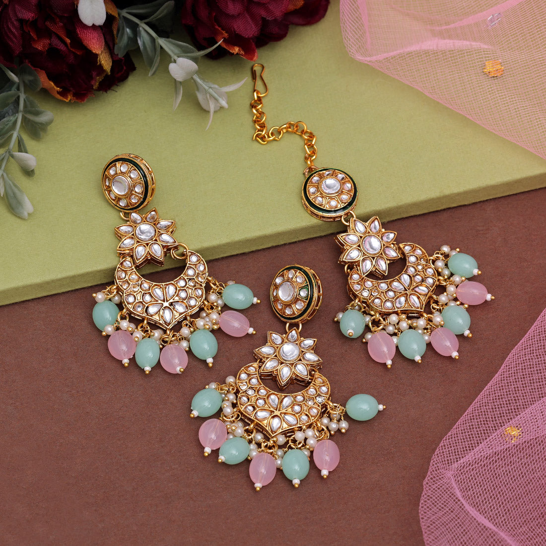 Pink & Pista Green Color Kundan Necklace Set (KN1434PNKPGRN)