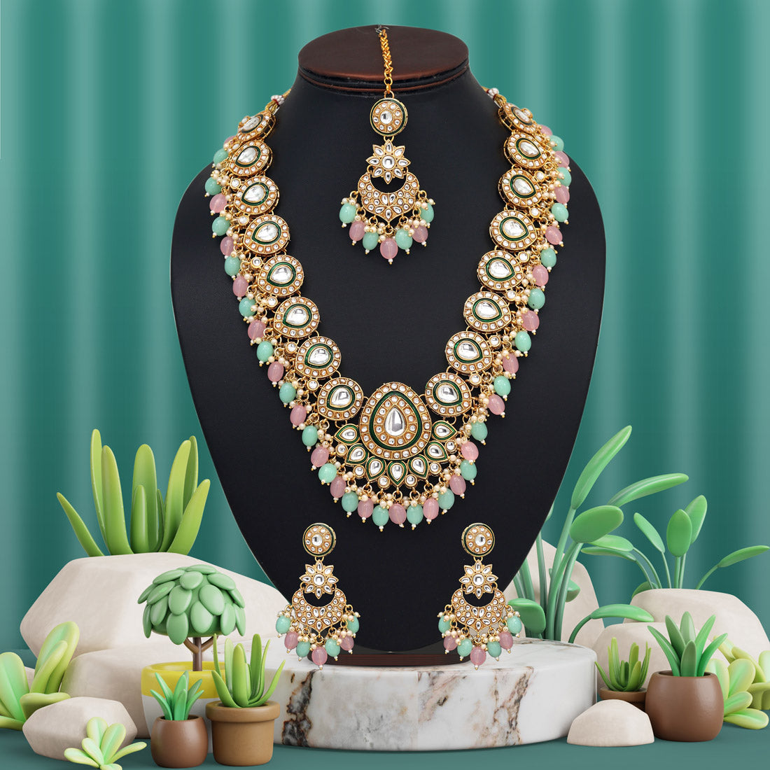 Pink & Pista Green Color Kundan Necklace Set (KN1434PNKPGRN)