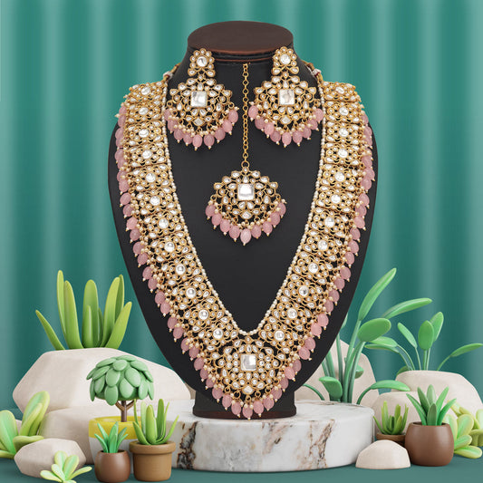 Pink Color Long Kundan Necklace Set (KN1435PNK)