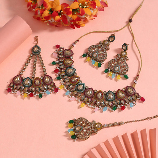 Multi Color Pakistani Kundan Necklace Set (KN1447MLT)