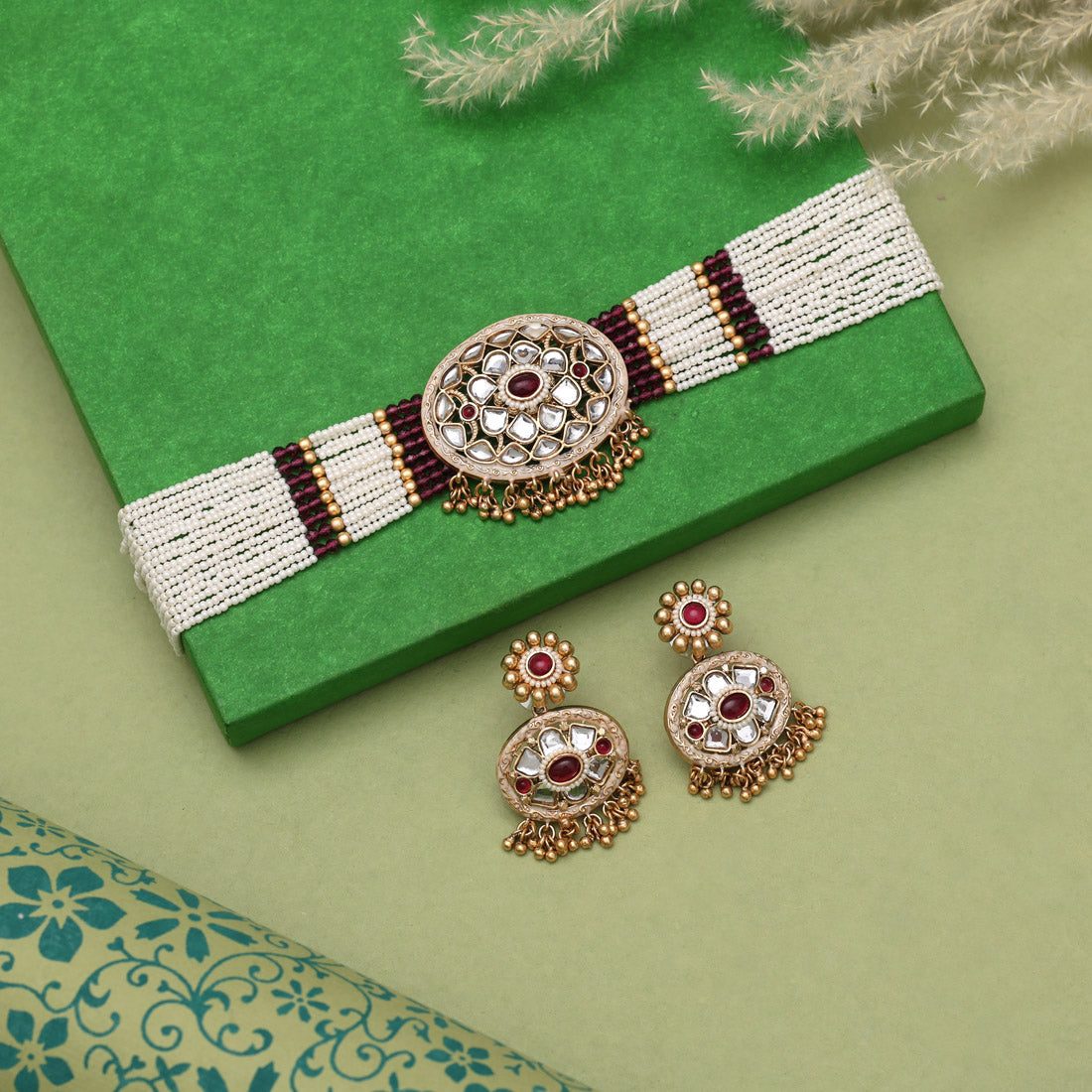 Rani Color Choker Kundan Necklace Set (KN1451RNI)