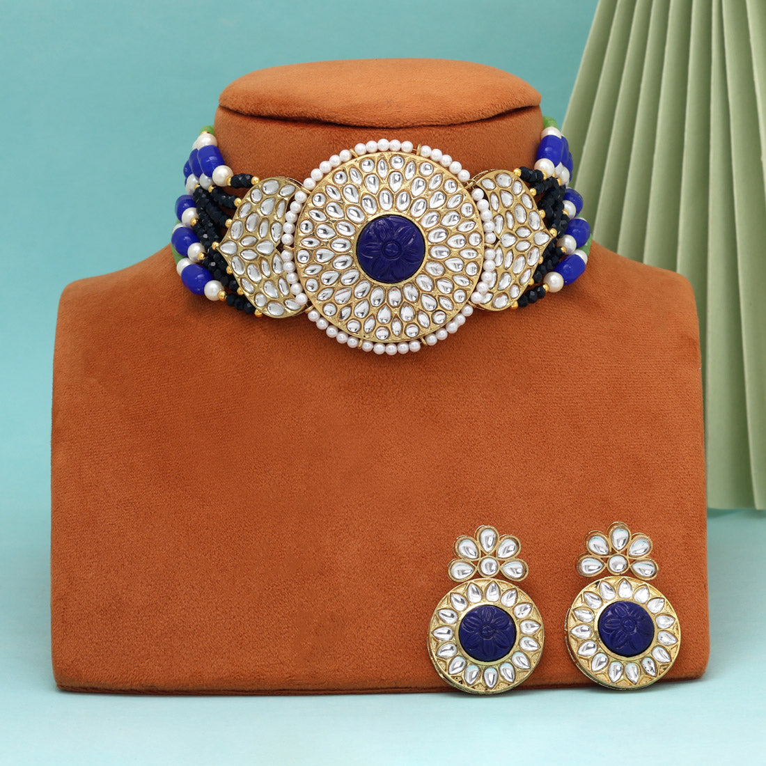 Blue Color Beautiful Kundan & Carving Stone Choker Necklace Of Jaipur (KN1463BLU)