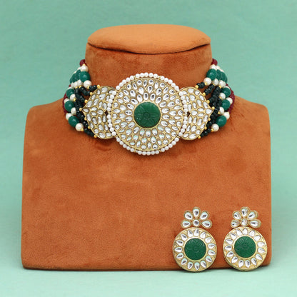 Green Color Beautiful Kundan & Carving Stone Choker Necklace Of Jaipur (KN1463GRN)