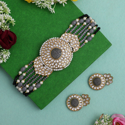 Grey Color Beautiful Kundan & Carving Stone Choker Necklace Of Jaipur (KN1463GRY)