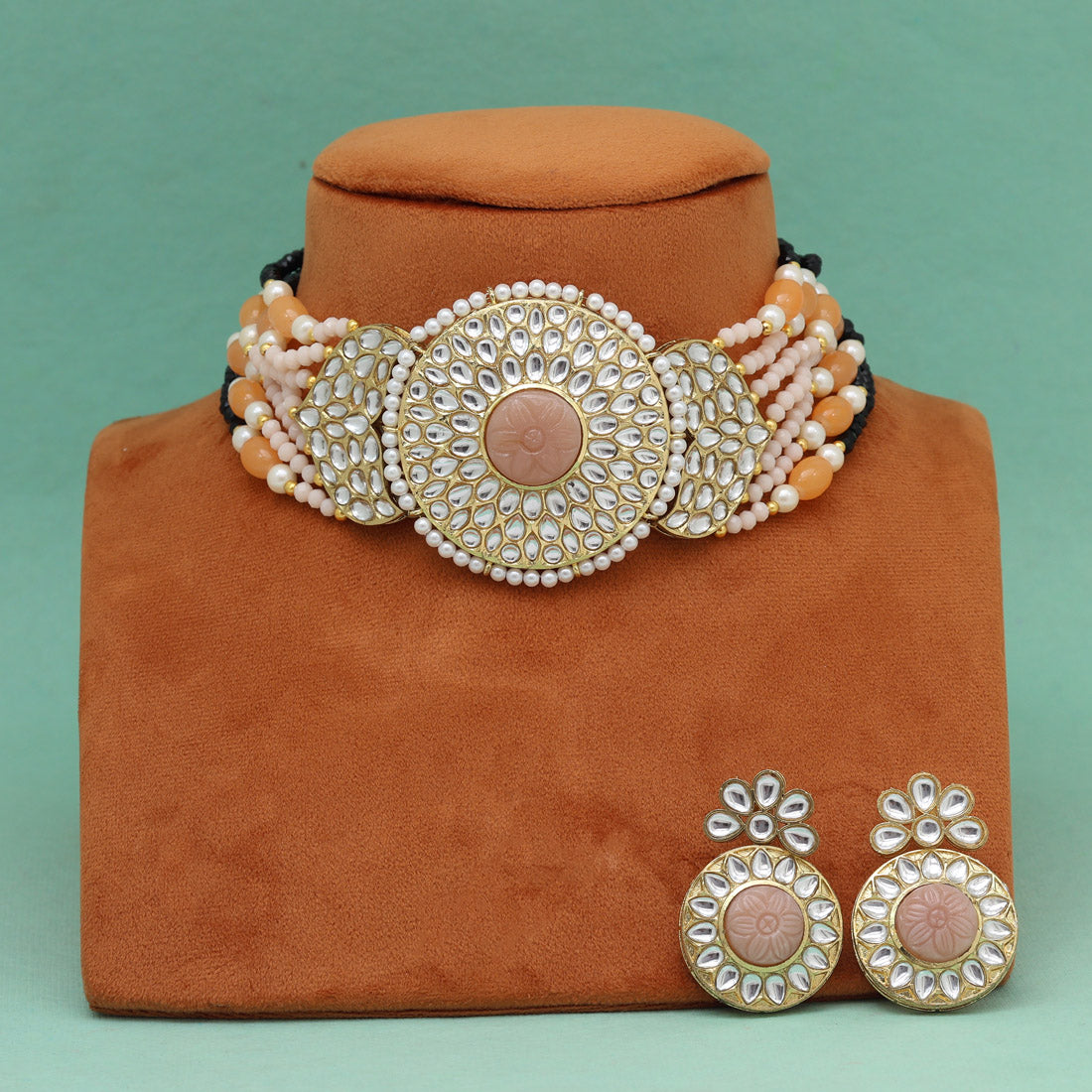 Peach Color Beautiful Kundan & Carving Stone Choker Necklace Of Jaipur (KN1463PCH)