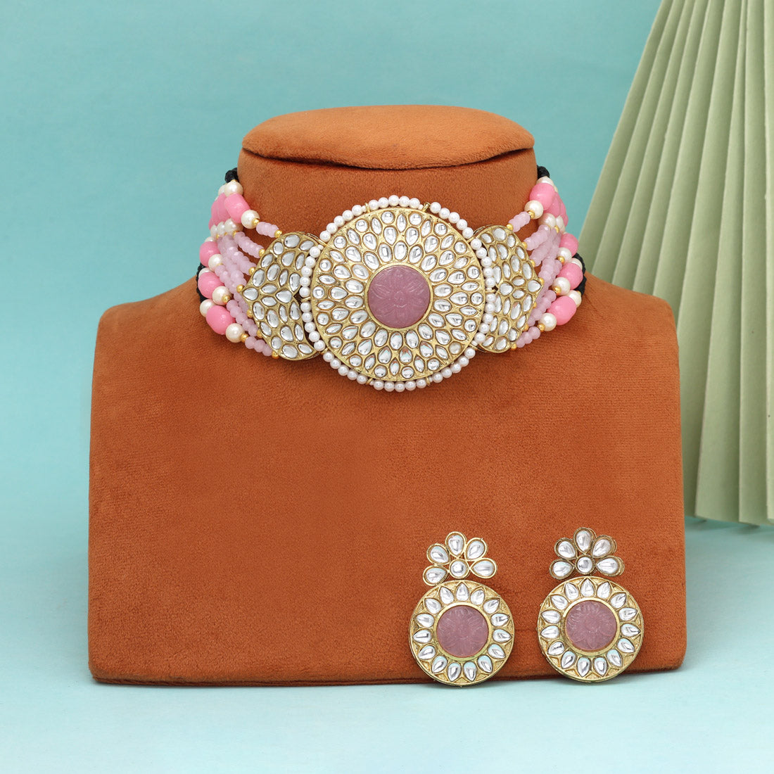 Pink Color Beautiful Kundan & Carving Stone Choker Necklace Of Jaipur (KN1463PNK)
