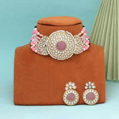 Pink Color Beautiful Kundan & Carving Stone Choker Necklace Of Jaipur (KN1463PNK)