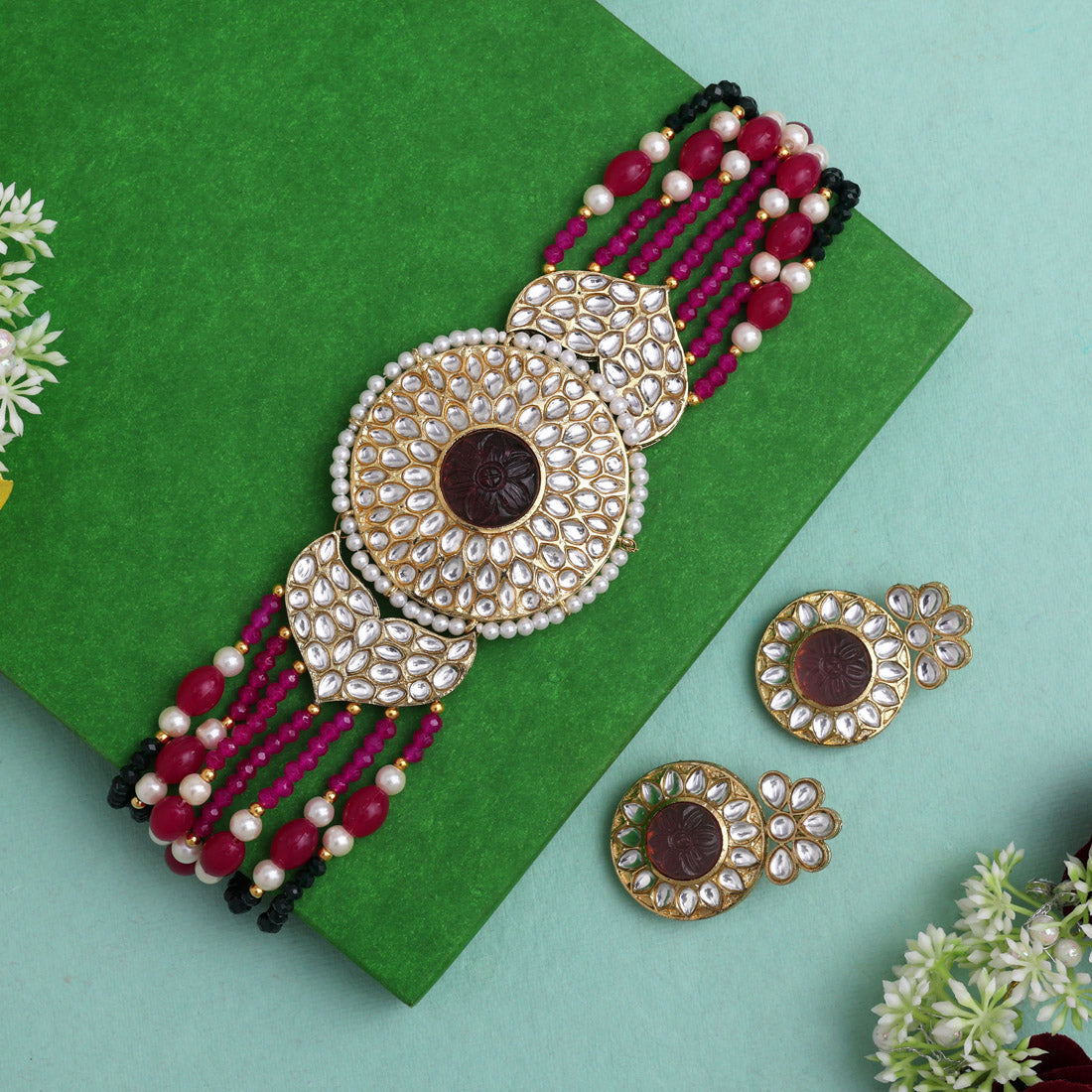 Rani Color Beautiful Kundan & Carving Stone Choker Necklace Of Jaipur (KN1463RNI)