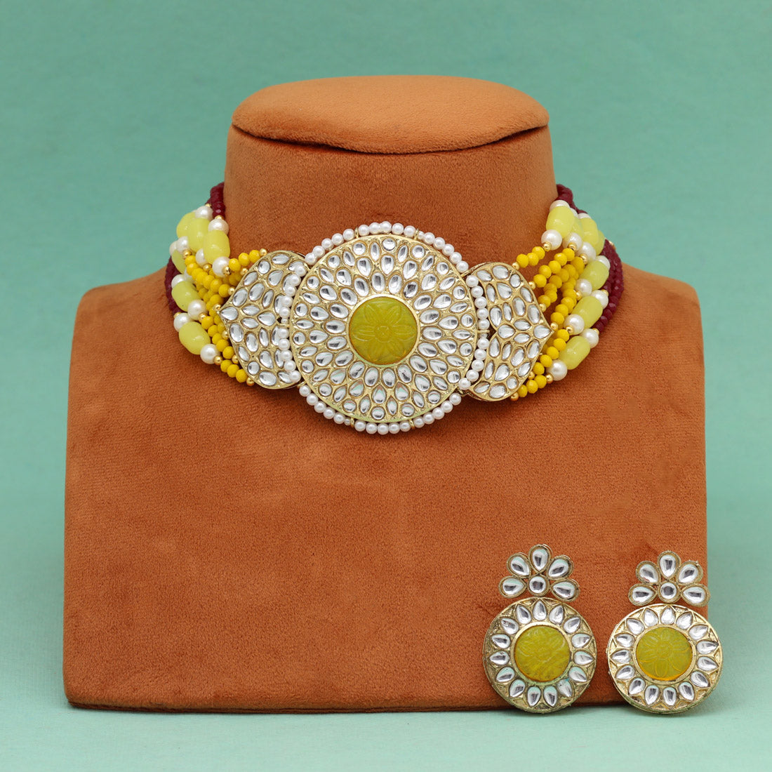 Yellow Color Beautiful Kundan & Carving Stone Choker Necklace Of Jaipur (KN1463YLW)