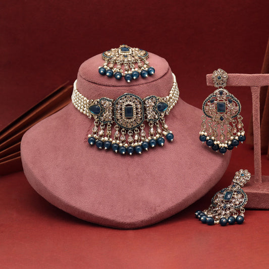 Blue Color Choker Kundan Necklace Set (KN1464BLU)