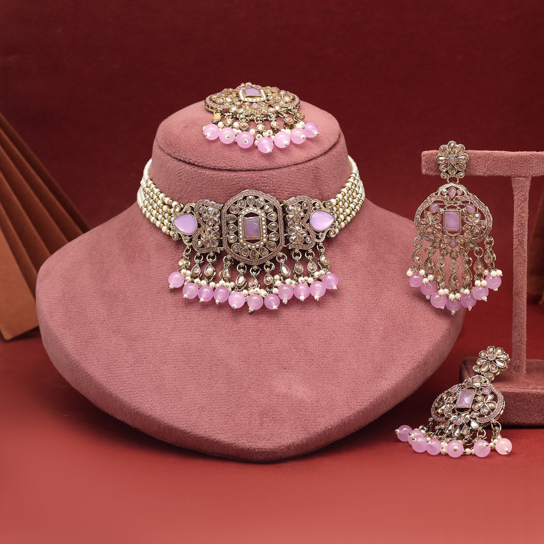 Light Purple Color Choker Kundan Necklace Set (KN1464LPRP)