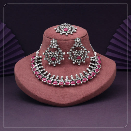 Rani Color Oxidised Kundan Necklace Set