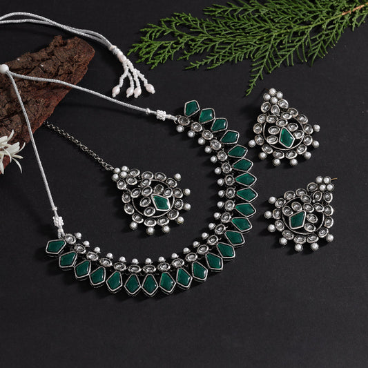 Green Color Oxidised Kundan Necklace Set