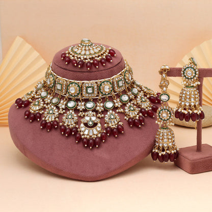 Maroon Color Meena Work Kundan Necklace Set