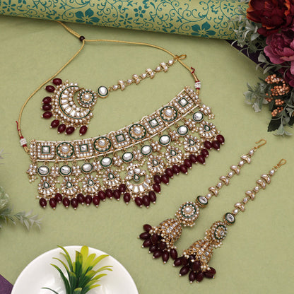 Maroon Color Meena Work Kundan Necklace Set