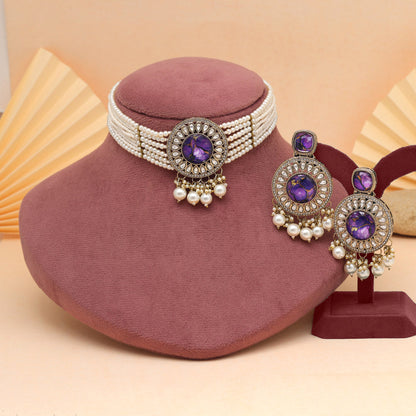 Purple Color Choker Kundan Necklace Set