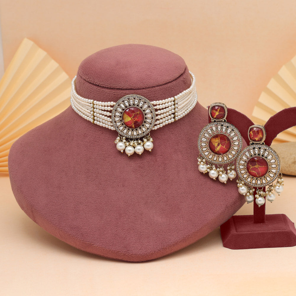 Red Color Choker Kundan Necklace Set