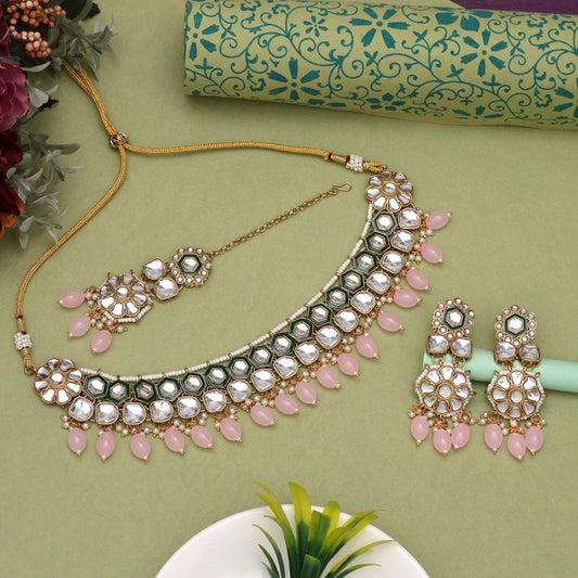 Pink Color Kundan Necklace Set