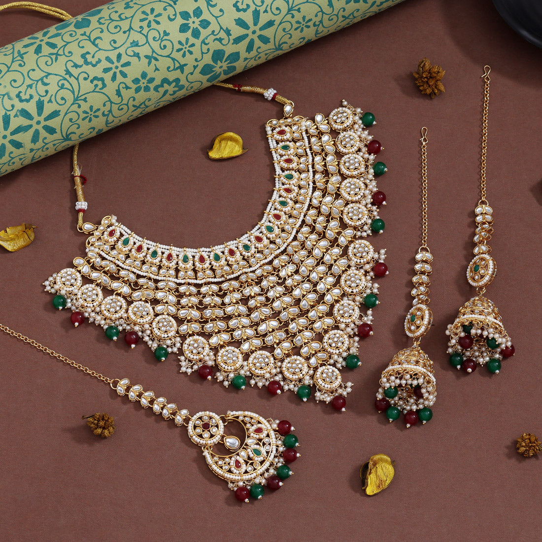 Traditional Maroon & Green Color Kundan Necklace Set