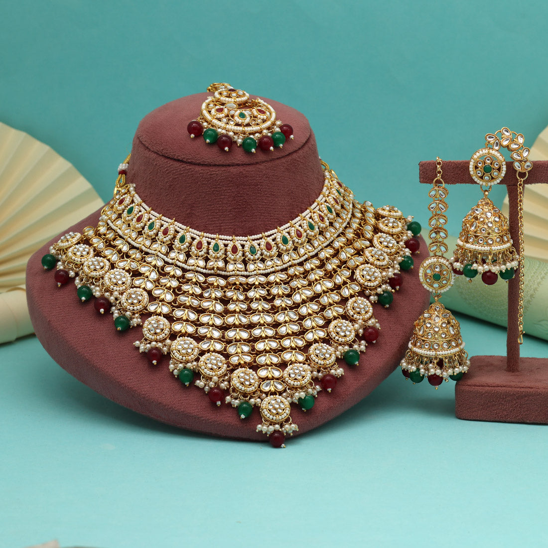 Traditional Maroon & Green Color Kundan Necklace Set