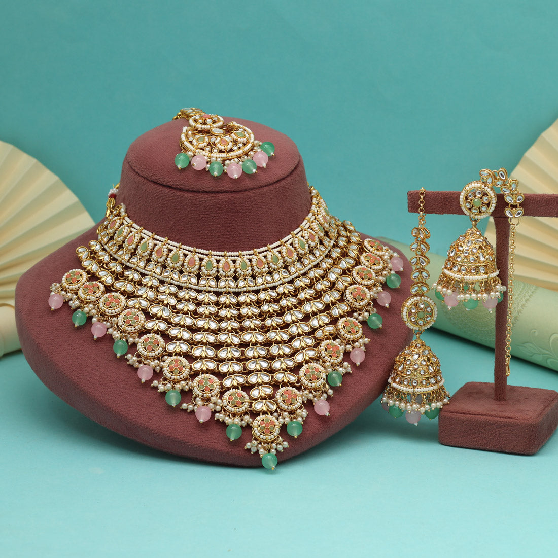 Graceful Pink & Pista Green Color Kundan Necklace Set