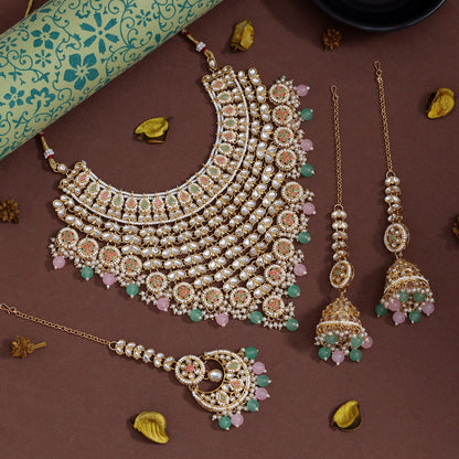 Graceful Pink & Pista Green Color Kundan Necklace Set