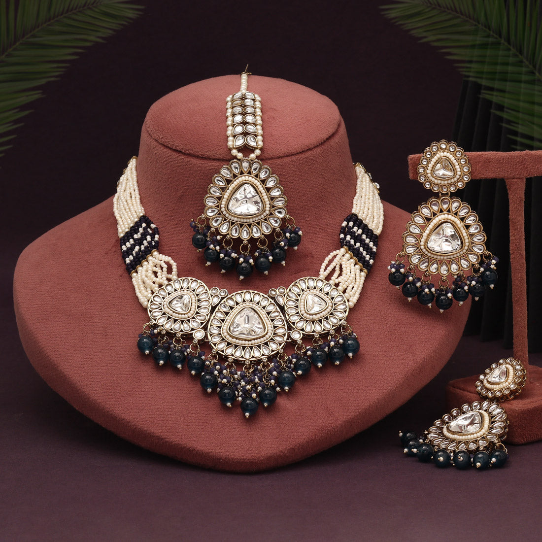 Royal Blue Color Kundan Necklace Set