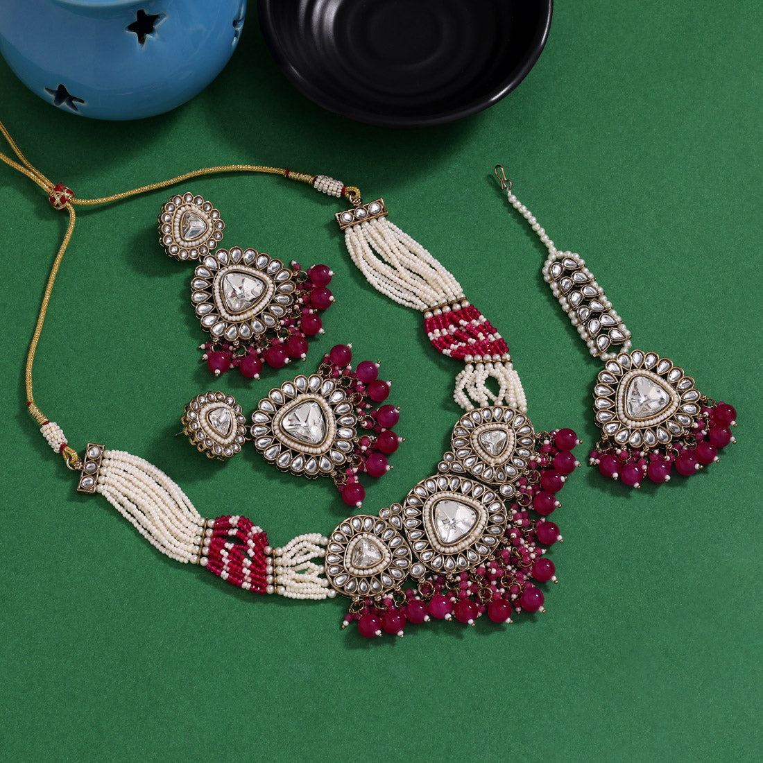 Bold Rani Color Kundan Necklace Set