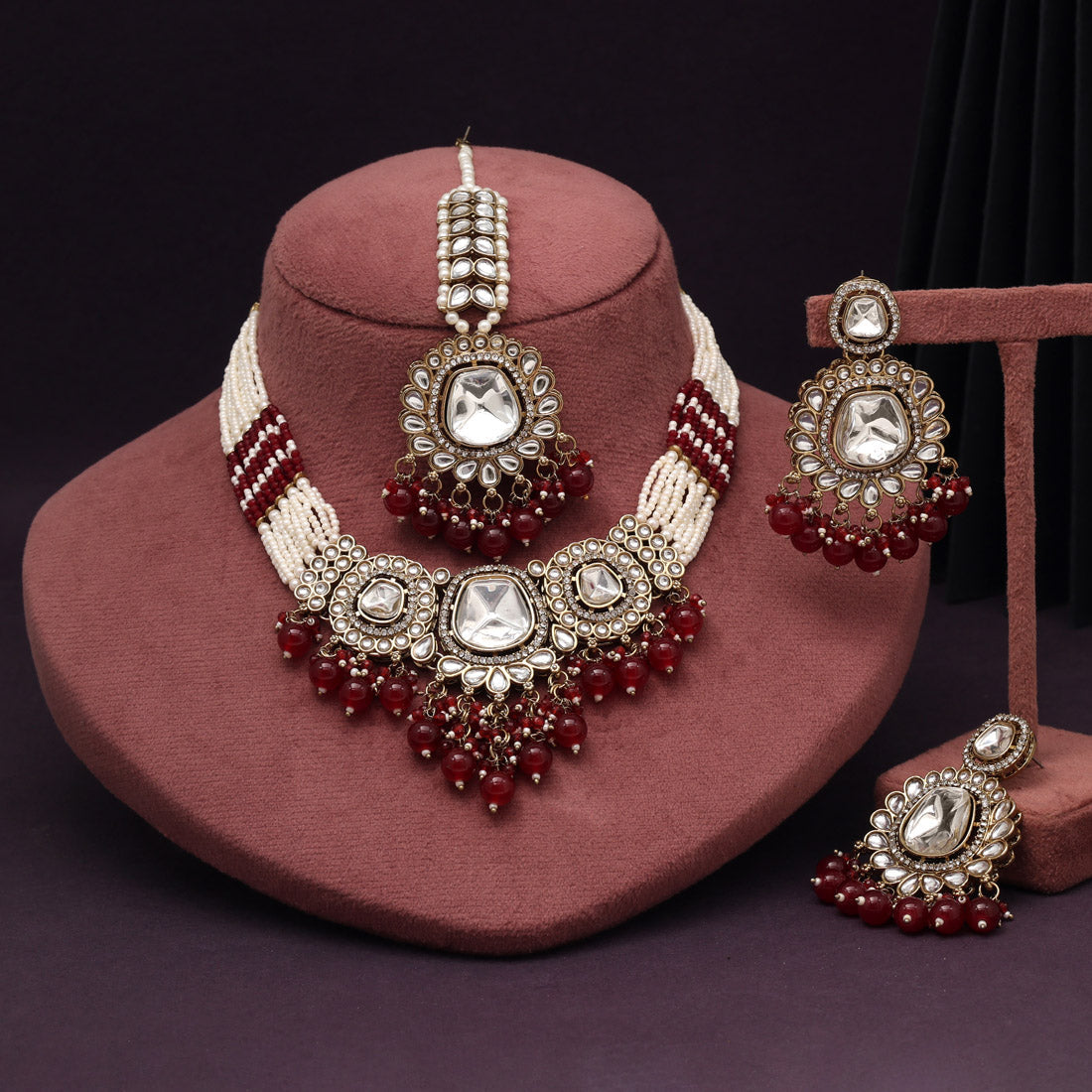 Regal Maroon Color Kundan Necklace Set