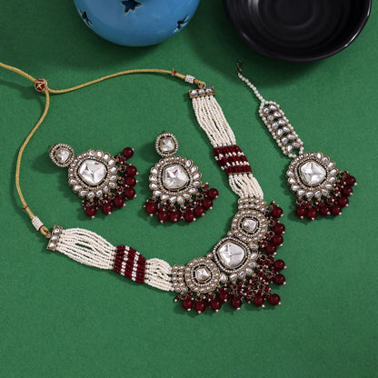 Regal Maroon Color Kundan Necklace Set