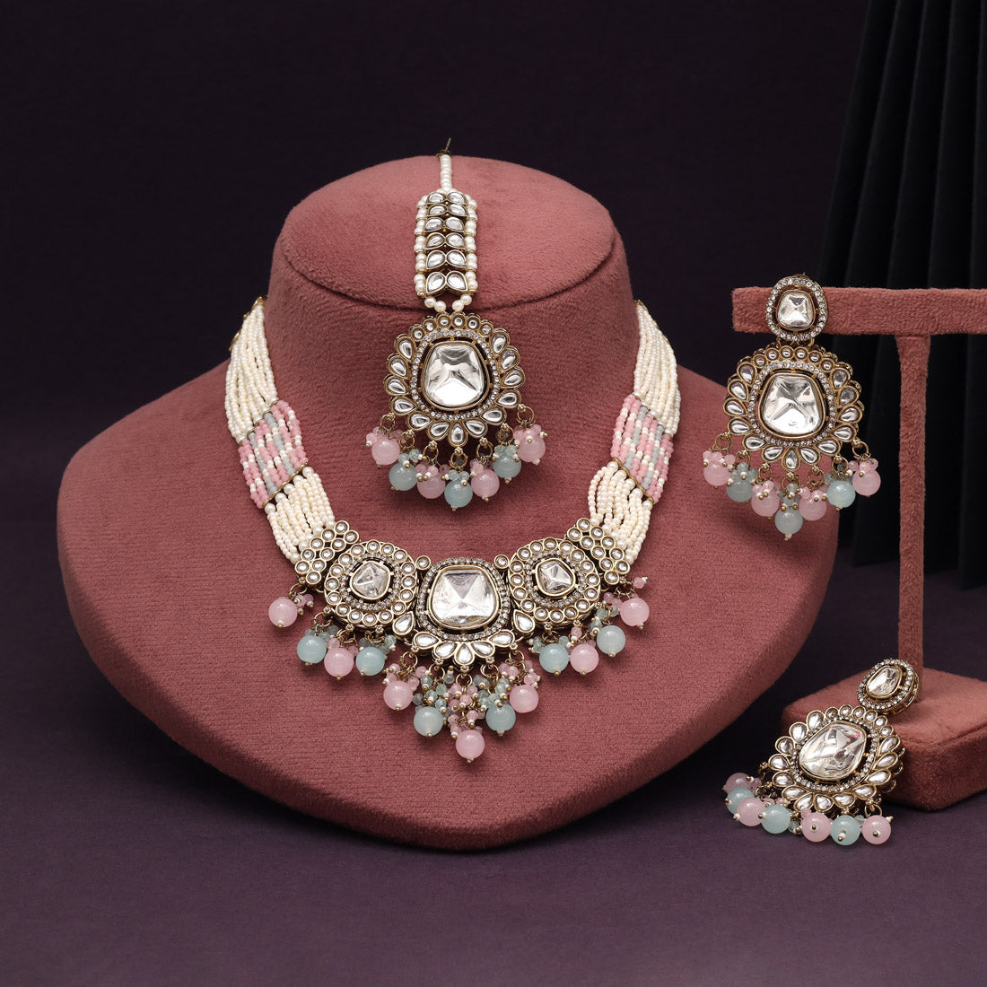 Dual-Tone Pink & Pista Green Color Kundan Necklace Set