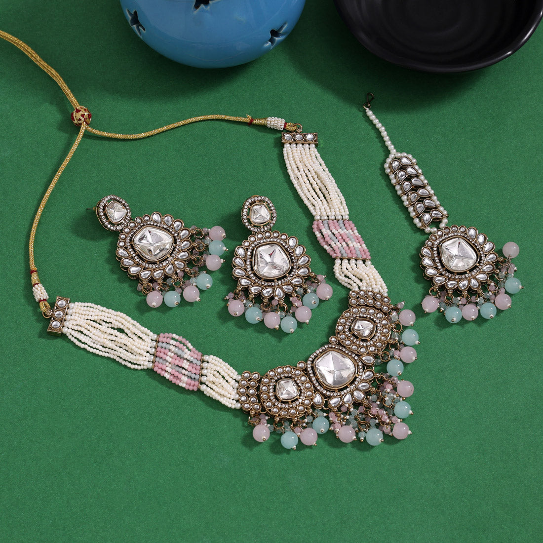 Dual-Tone Pink & Pista Green Color Kundan Necklace Set
