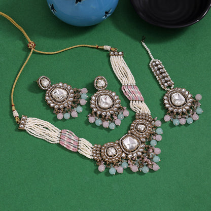 Dual-Tone Pink & Pista Green Color Kundan Necklace Set