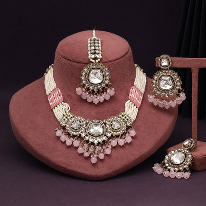 Elegant Pink Color Kundan Necklace Set