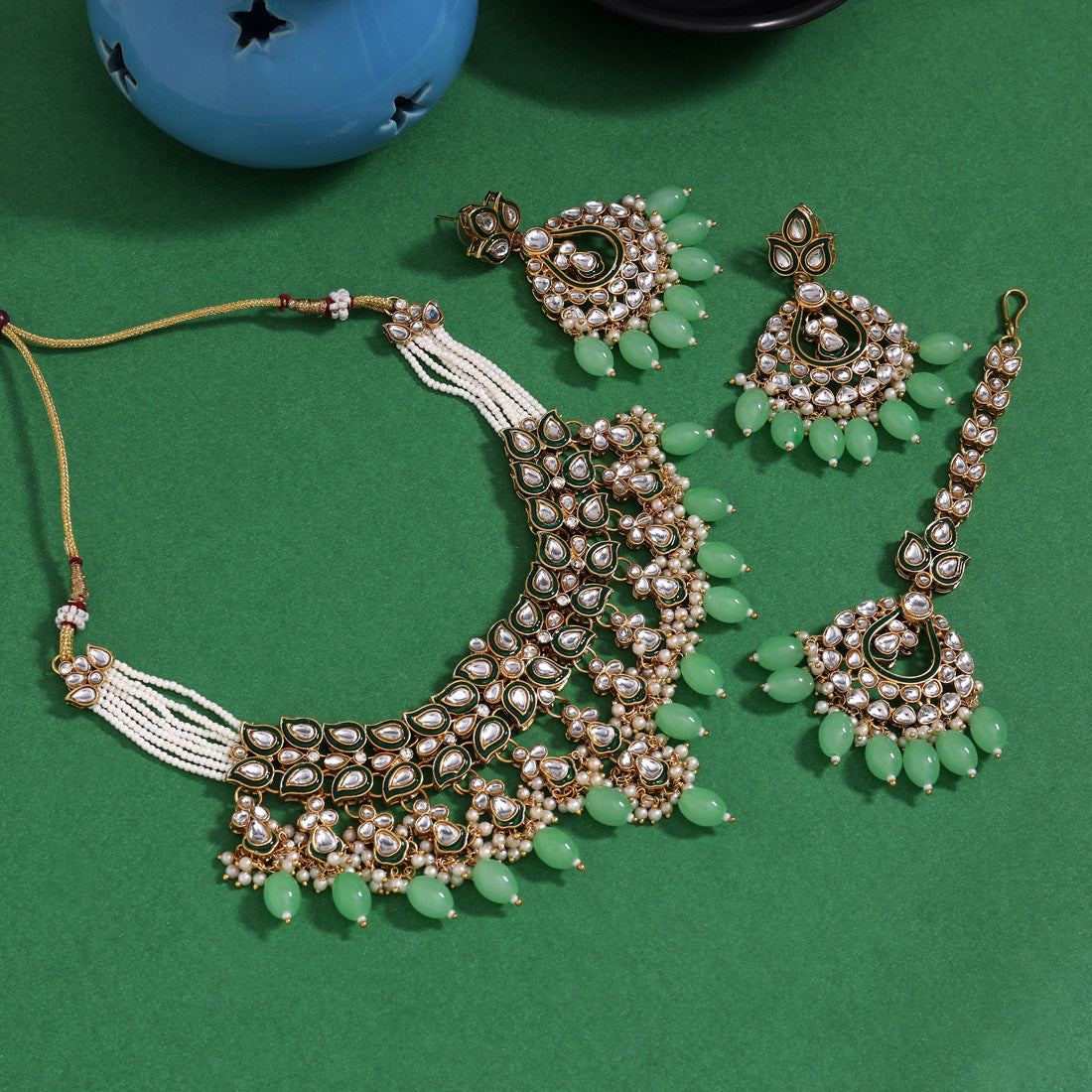 Playful Parrot Green Color Kundan Necklace Set