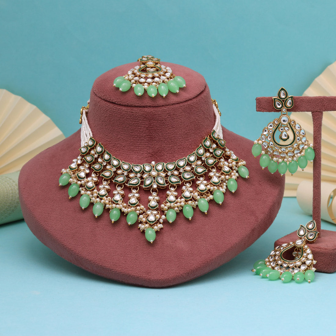 Playful Parrot Green Color Kundan Necklace Set