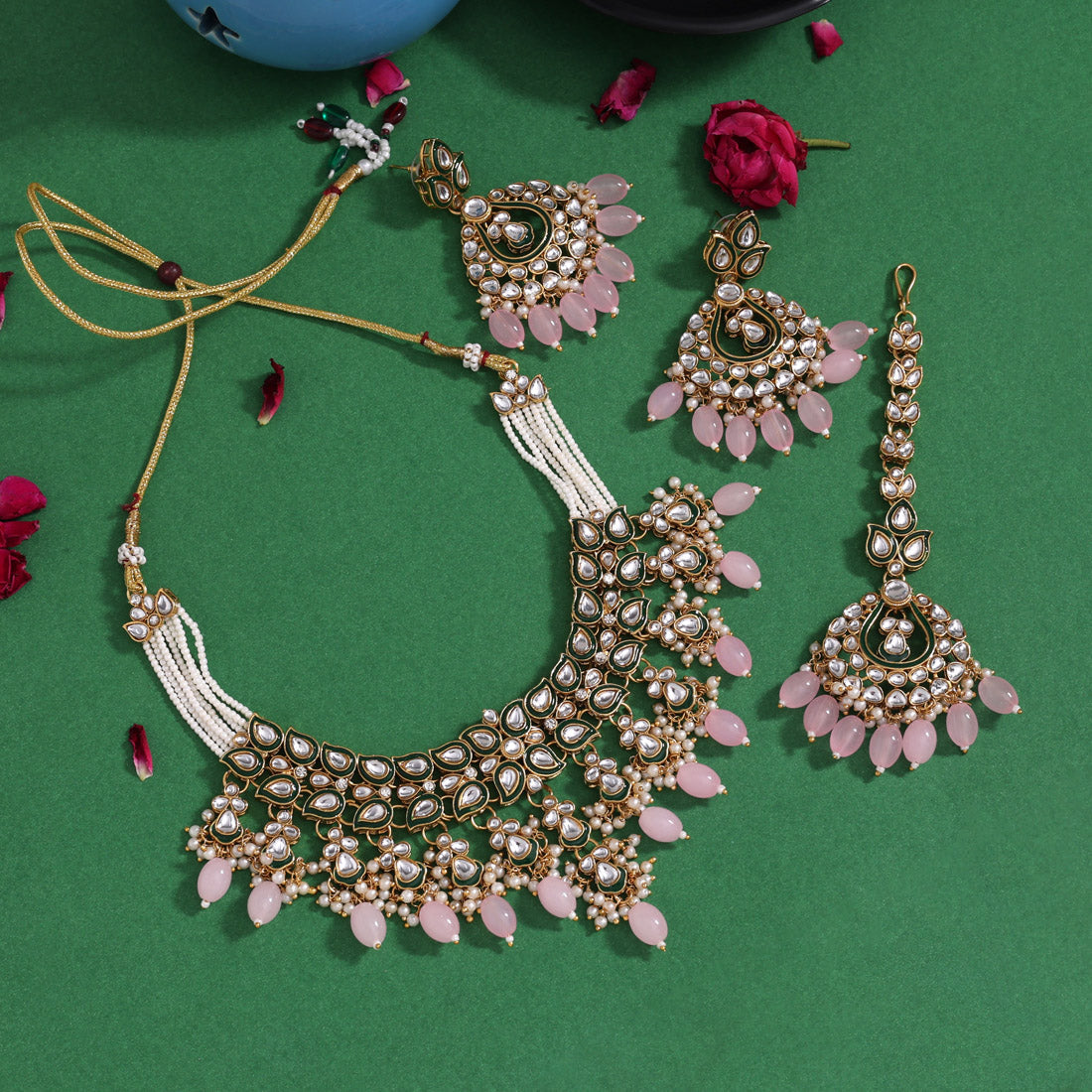 Soft Blush Pink Color Kundan Necklace Set