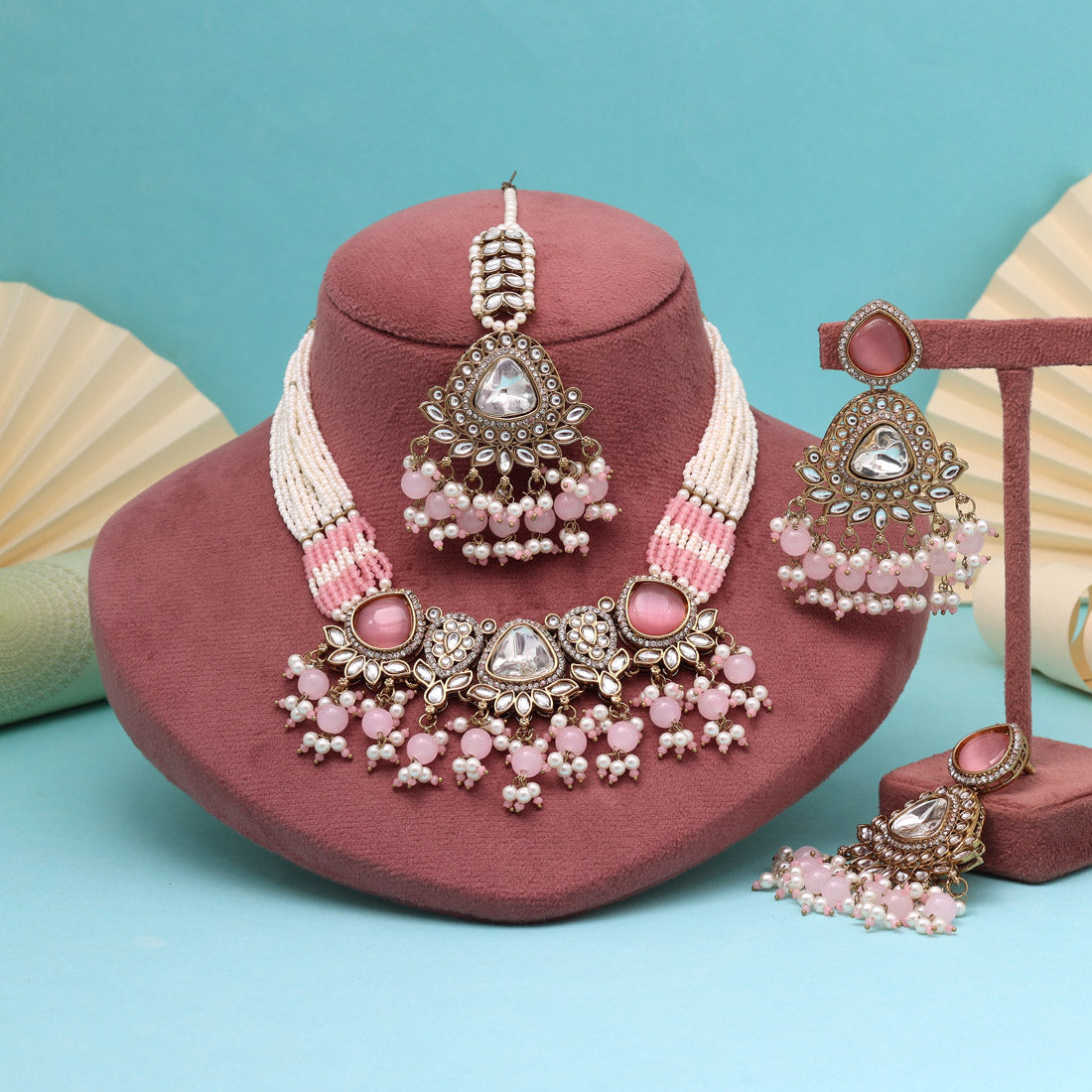 Petal Pink Color Kundan Necklace Set