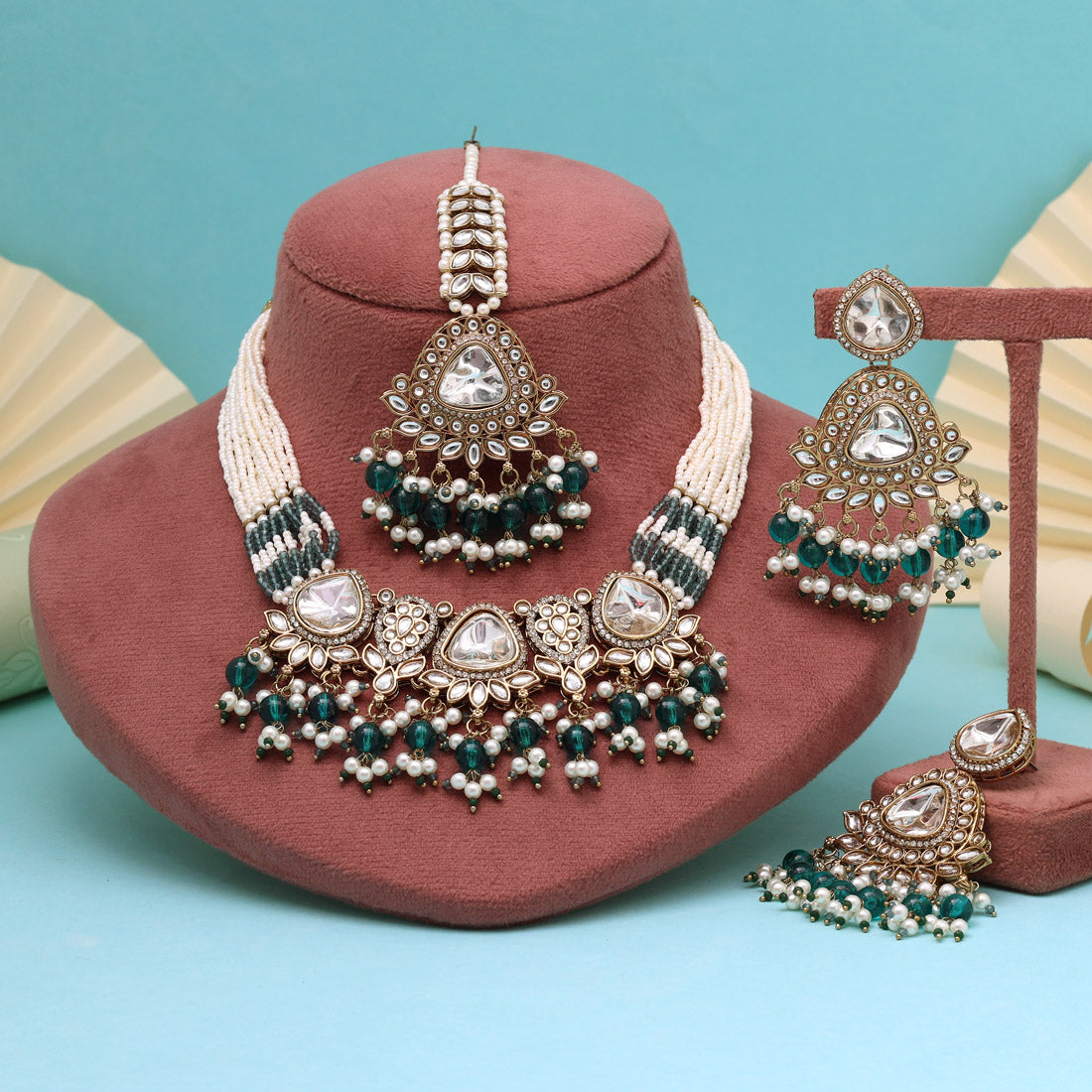 Oceanic Turquoise Blue Color Kundan Necklace Set