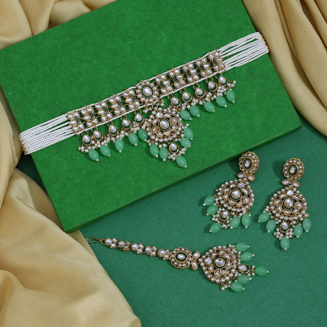 Zesty Parrot Green Color Choker Kundan Necklace Set