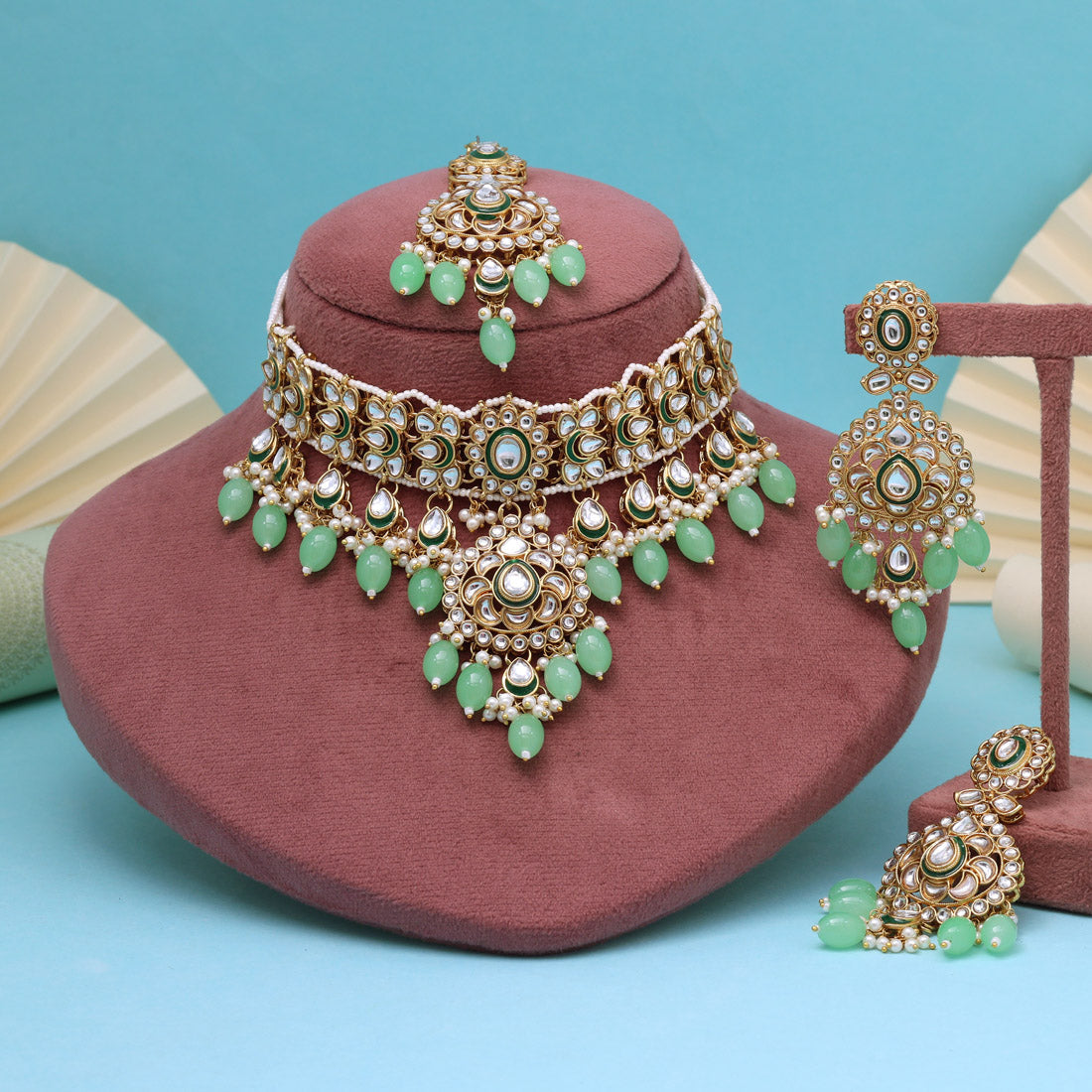 Zesty Parrot Green Color Choker Kundan Necklace Set
