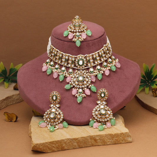 Soft Pink & Pista Green Color Kundan Necklace Set