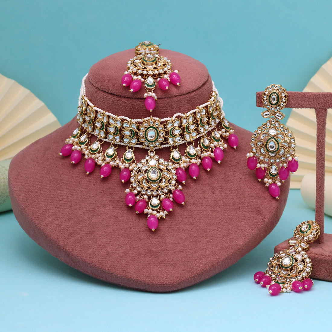 Vibrant Rani Color Choker Kundan Necklace Set