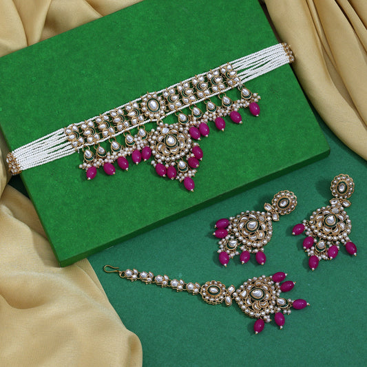 Vibrant Rani Color Choker Kundan Necklace Set