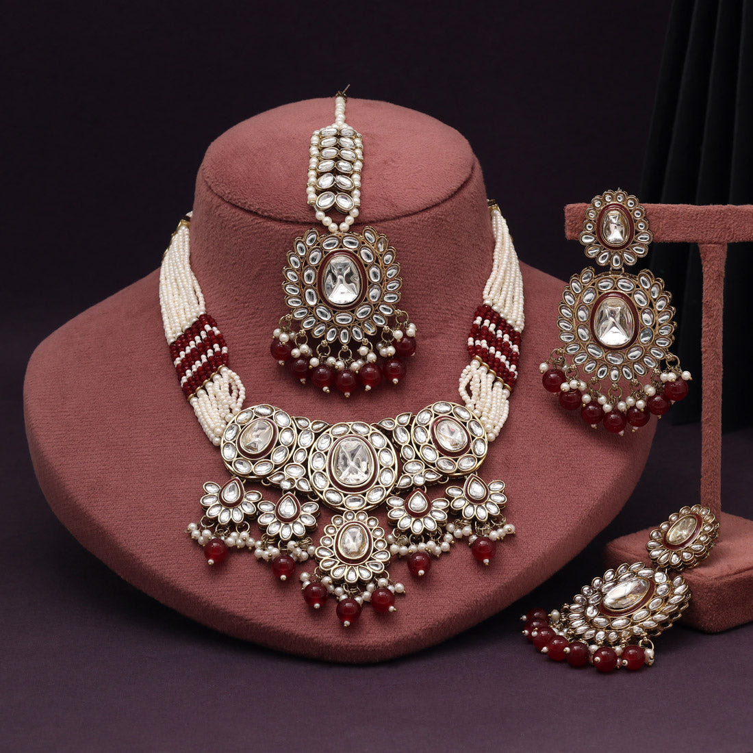 Wine-Toned Maroon Color Kundan Necklace Set